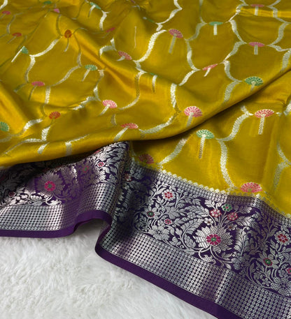 Banarasi Mango Silk Skirt Meena Border Jaal Design Saree