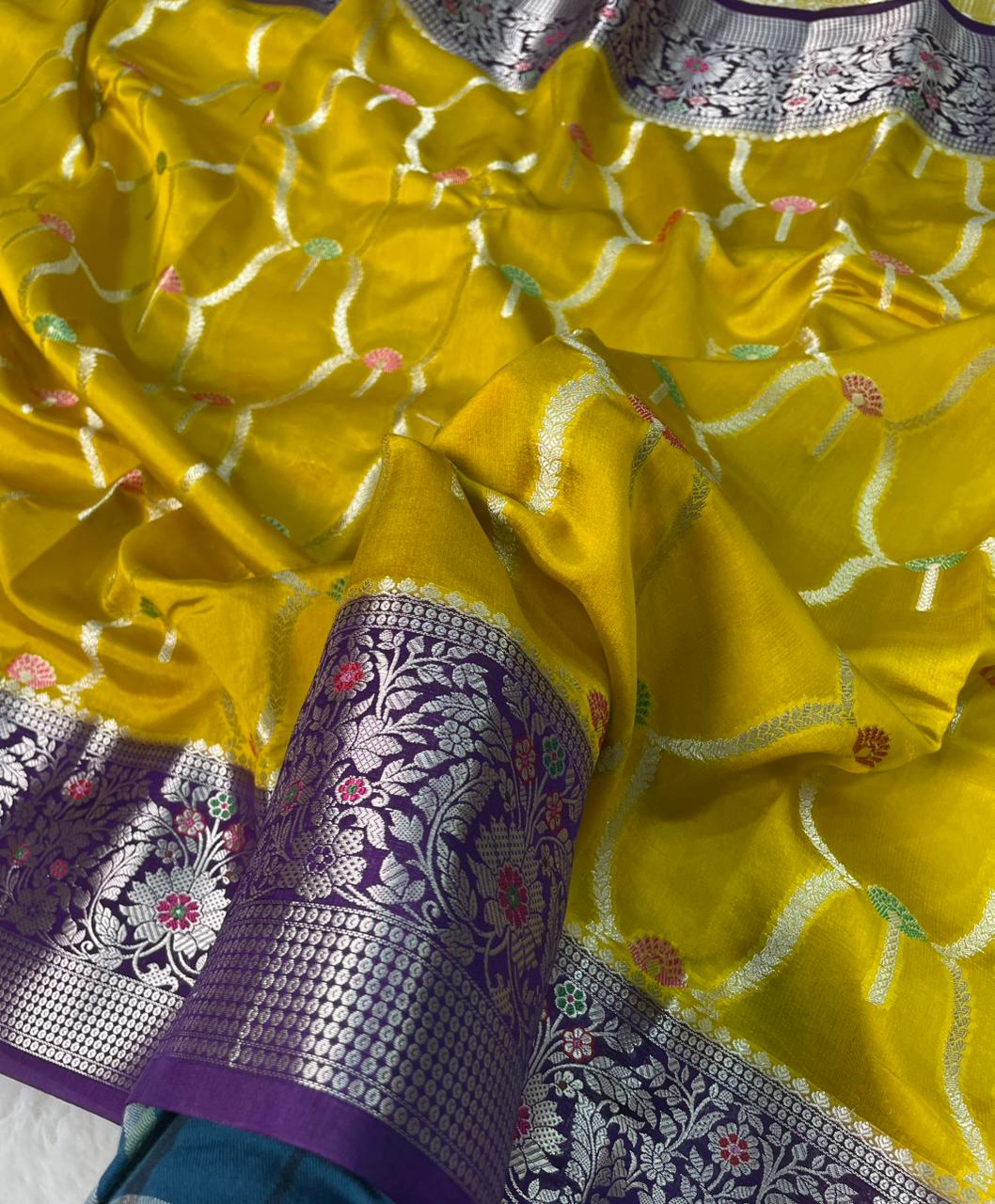 Banarasi Mango Silk Skirt Meena Border Jaal Design Saree