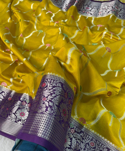 Banarasi Mango Silk Skirt Meena Border Jaal Design Saree