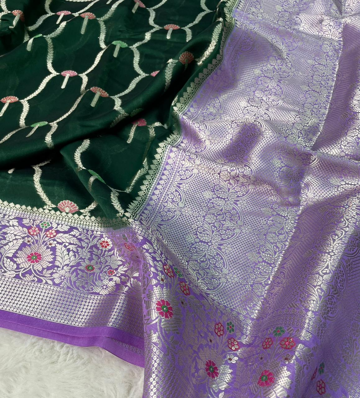 Banarasi Mango Silk Skirt Meena Border Jaal Design Saree