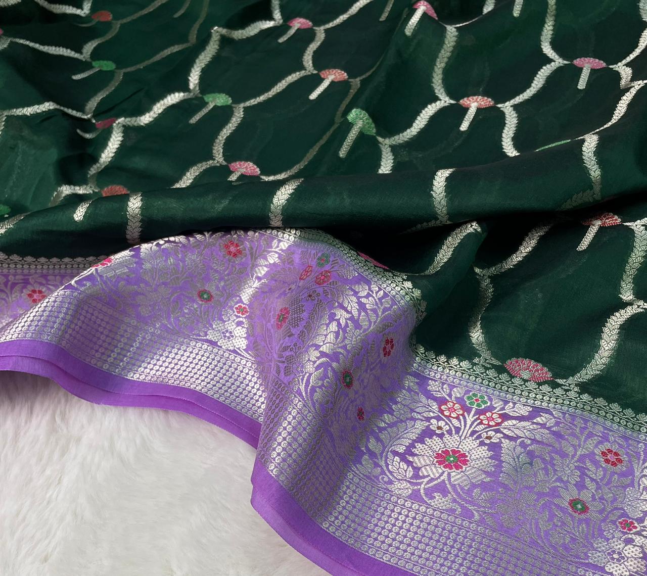 Banarasi Mango Silk Skirt Meena Border Jaal Design Saree