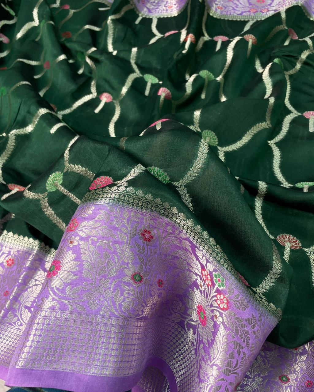 Banarasi Mango Silk Skirt Meena Border Jaal Design Saree