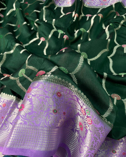 Banarasi Mango Silk Skirt Meena Border Jaal Design Saree
