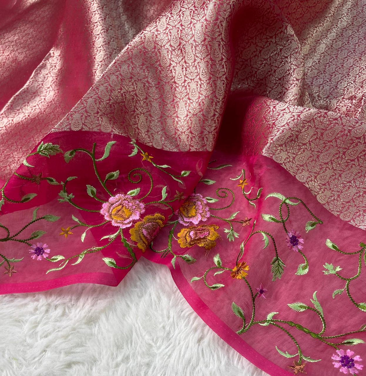 Banarasi Handloom Pure Kora Brocade Saree with Heavy Petit Point Embroidery