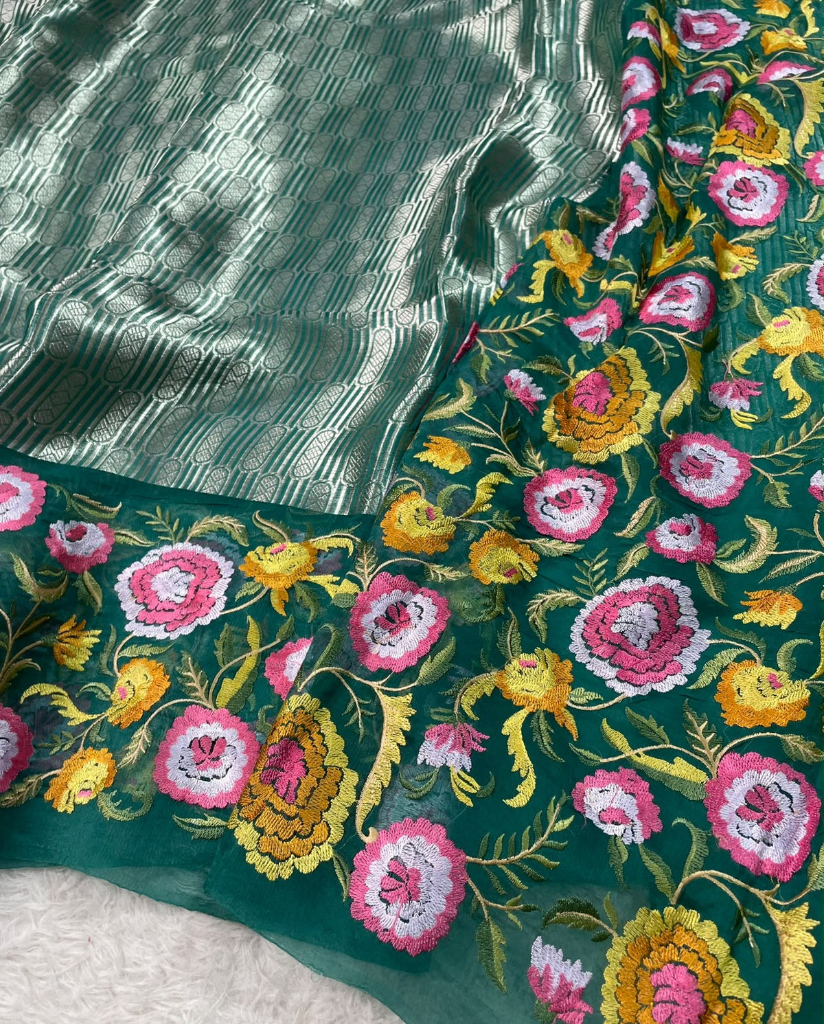 Kora Brocade Petit Point Embroidery Saree