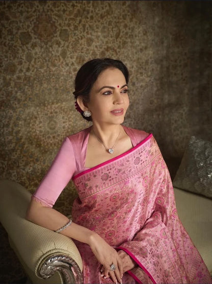 Nita Ambani in Regal Pure Katan Jamdani Silk Banarasi Saree – Handwoven Tanchui Brocade