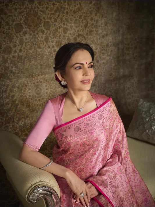 Nita Ambani in Regal Pure Katan Jamdani Silk Banarasi Saree – Handwoven Tanchui Brocade