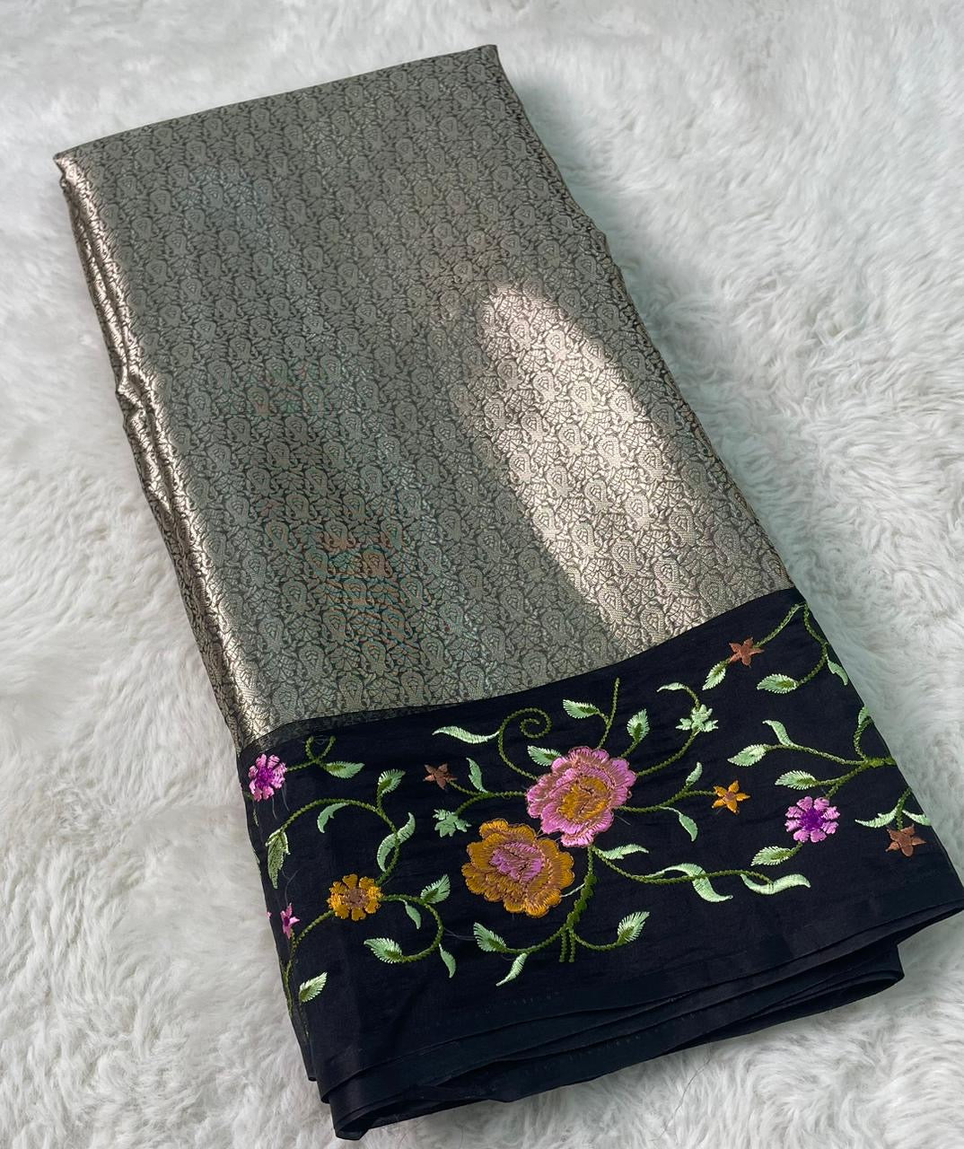 Banarasi Handloom Pure Kora Brocade Saree with Heavy Petit Point Embroidery