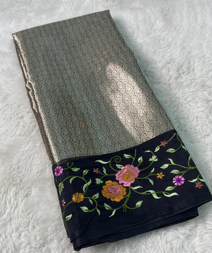 Banarasi Handloom Pure Kora Brocade Saree with Heavy Petit Point Embroidery