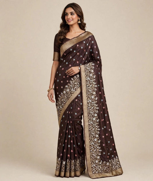 Handloom Pure Katan Silk Ektara Kadhwa Butta Woven Saree