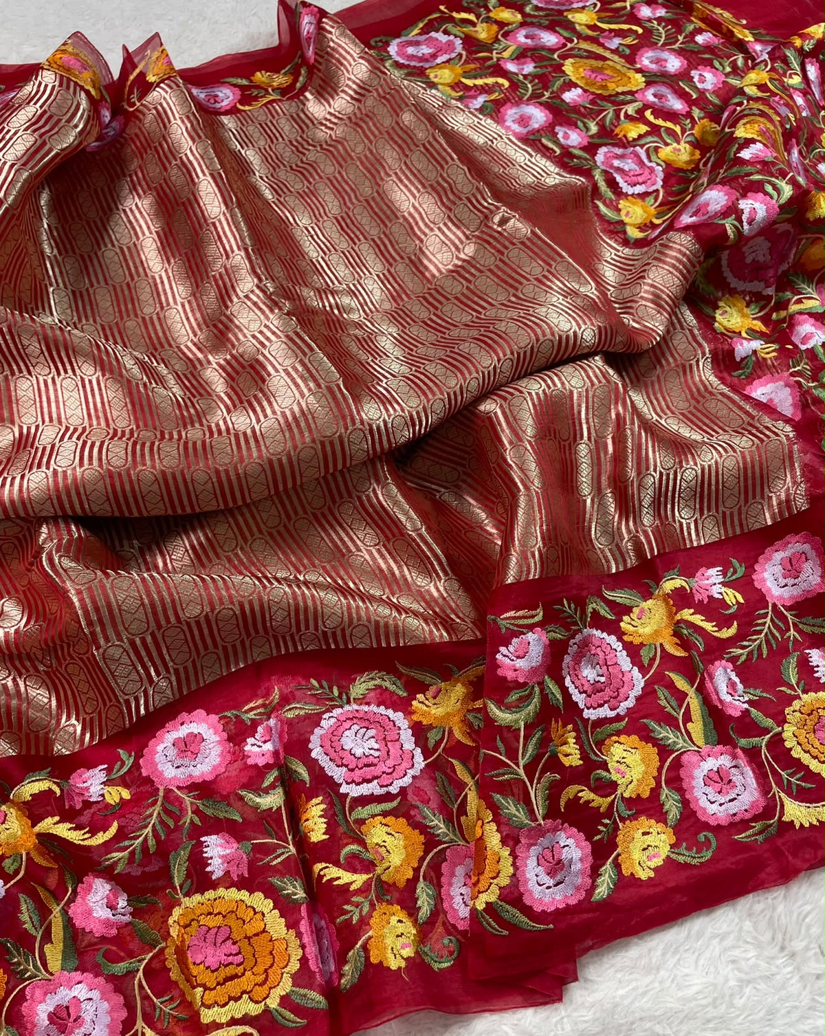 Kora Brocade Petit Point Embroidery Saree