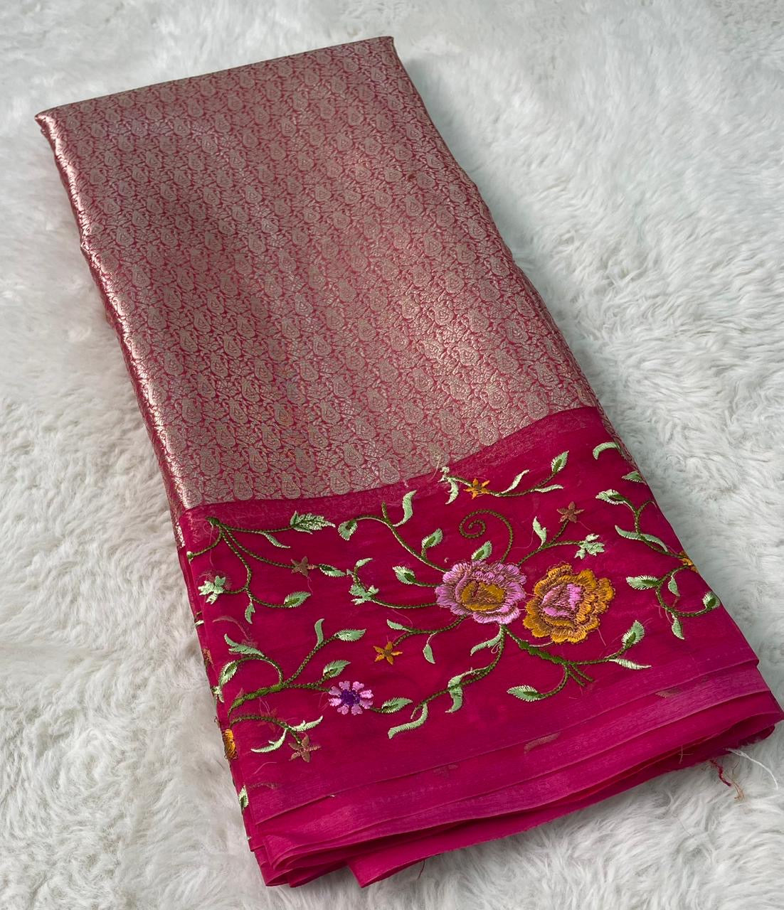 Banarasi Handloom Pure Kora Brocade Saree with Heavy Petit Point Embroidery