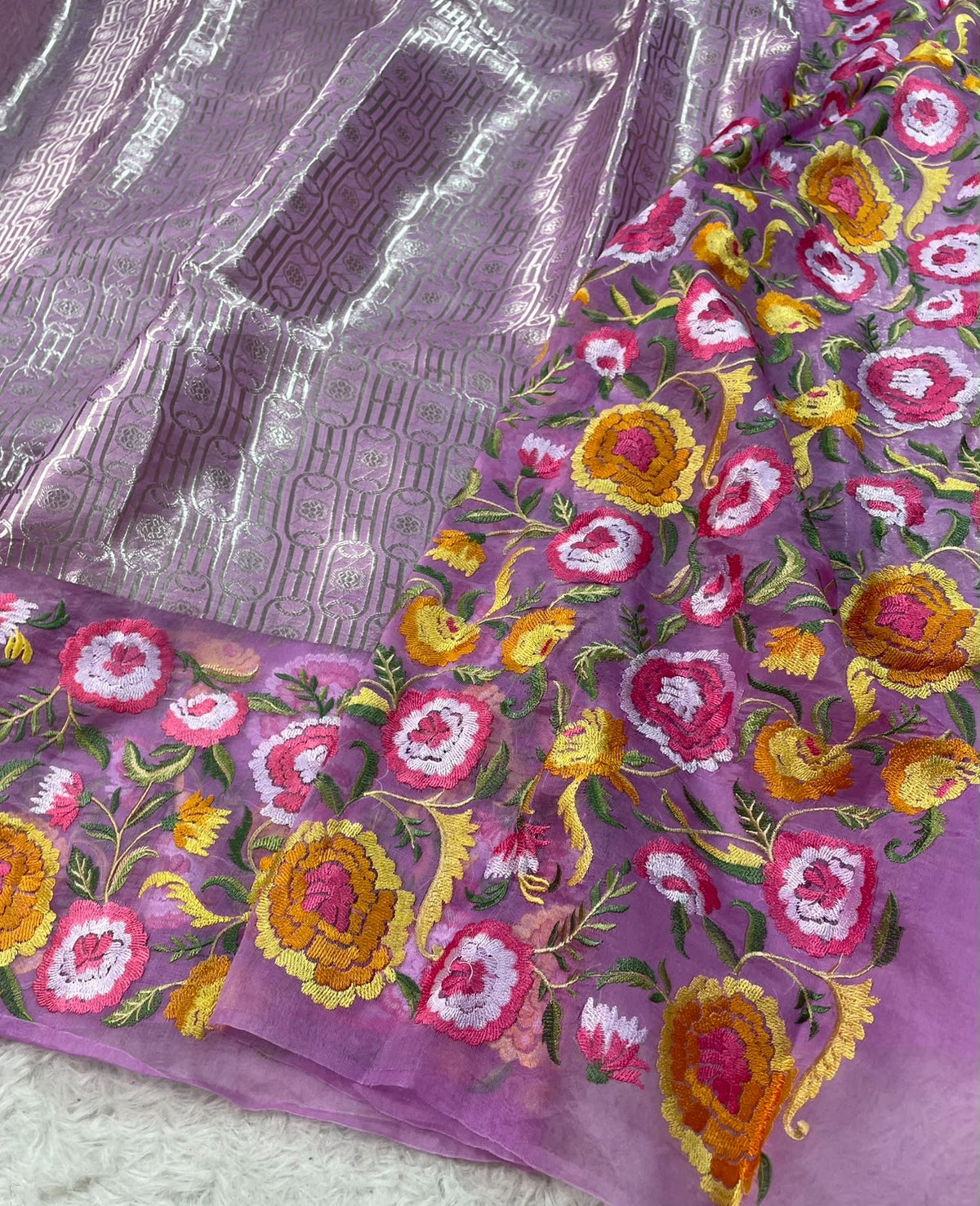 Kora Brocade Petit Point Embroidery Saree