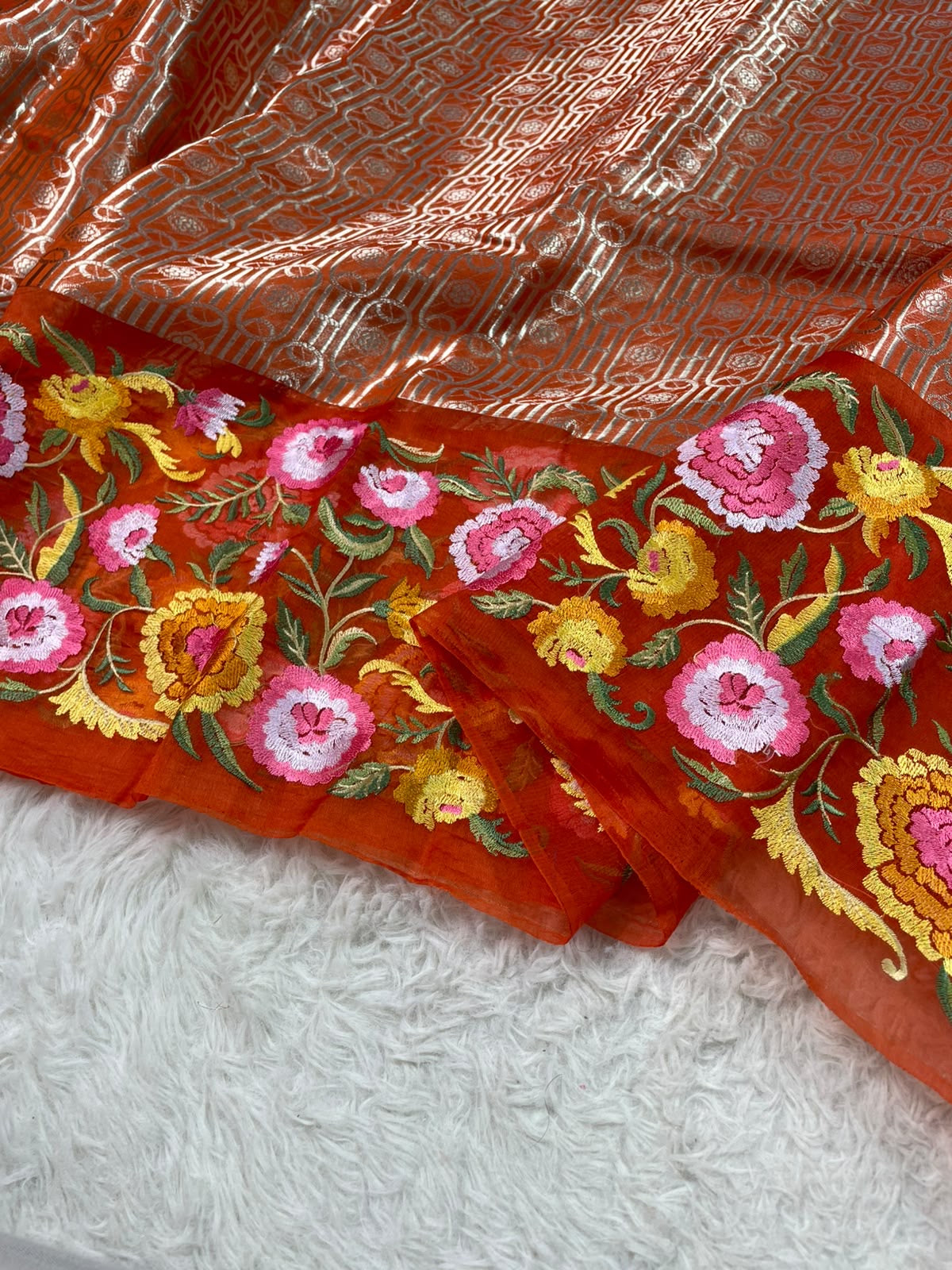 Kora Brocade Petit Point Embroidery Saree