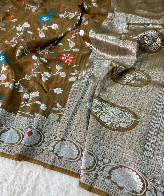 Handloom Tussar Silk Banarasi Border Mina Jaal Saree