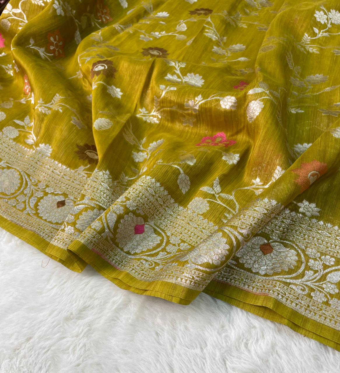 Handloom Tussar Silk Banarasi Border Mina Jaal Saree