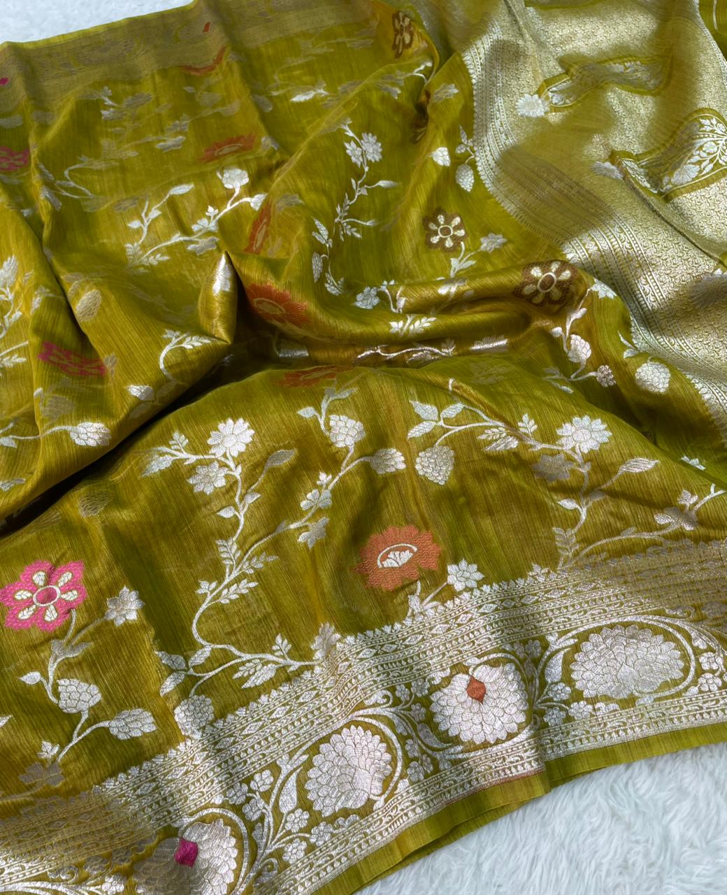 Handloom Tussar Silk Banarasi Border Mina Jaal Saree
