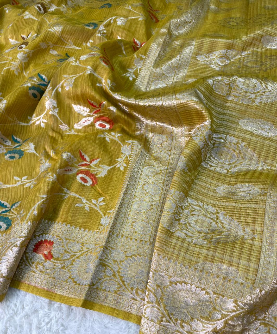 Handloom Tussar Silk Banarasi Border Mina Jaal Saree