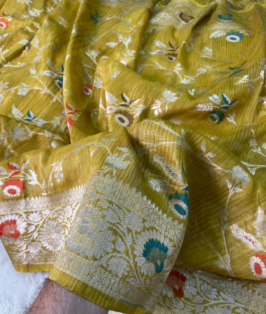 Handloom Tussar Silk Banarasi Border Mina Jaal Saree