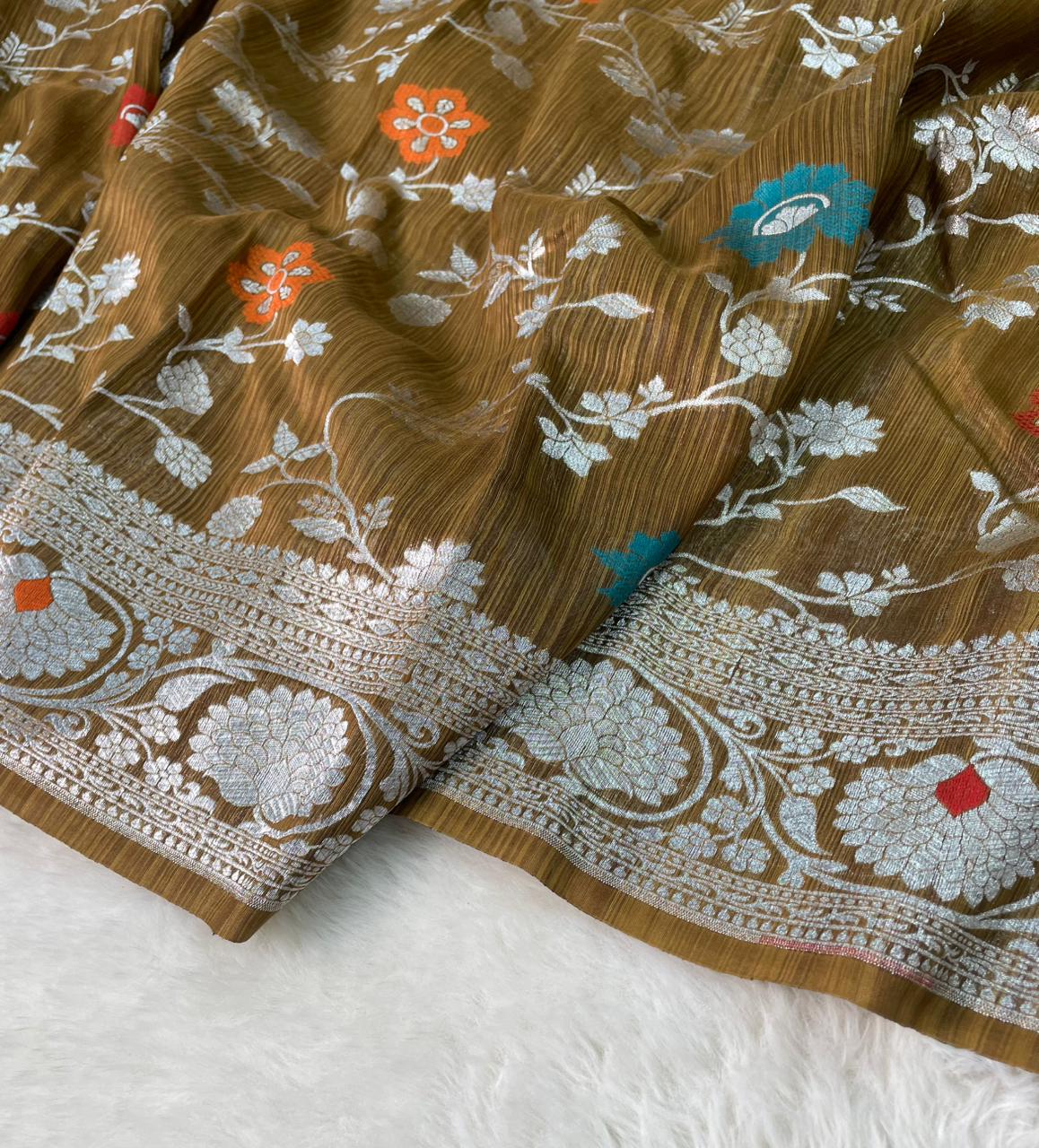 Handloom Tussar Silk Banarasi Border Mina Jaal Saree