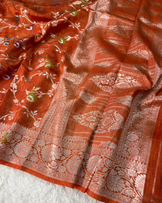 Handloom Tussar Silk Banarasi Border Mina Jaal Saree