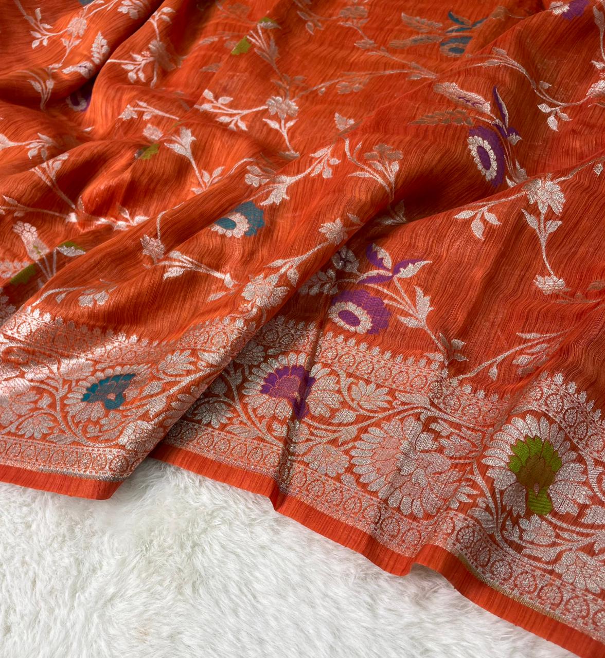 Handloom Tussar Silk Banarasi Border Mina Jaal Saree