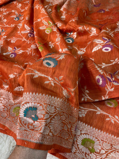 Handloom Tussar Silk Banarasi Border Mina Jaal Saree