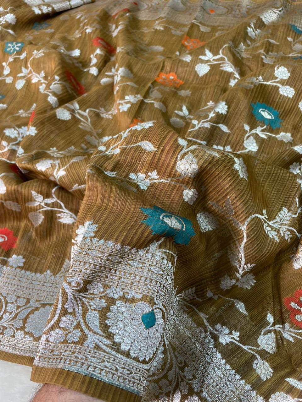 Handloom Tussar Silk Banarasi Border Mina Jaal Saree