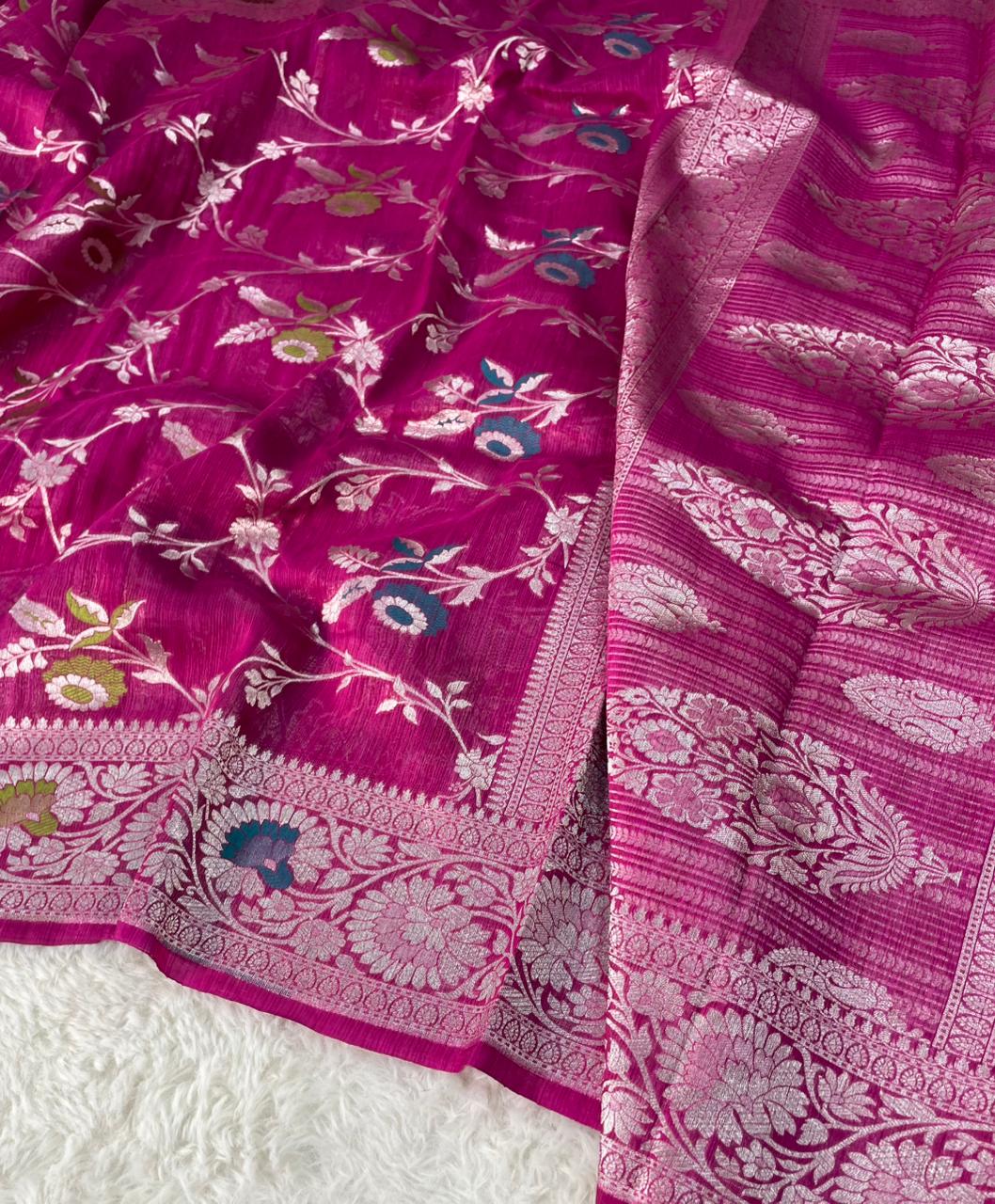 Handloom Tussar Silk Banarasi Border Mina Jaal Saree