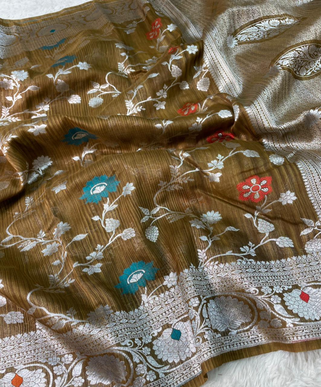 Handloom Tussar Silk Banarasi Border Mina Jaal Saree