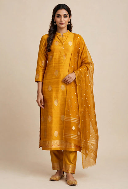 PURE RAW SILK KADHWA SILK SUIT SET WITH PURE KORA DUPATTA
