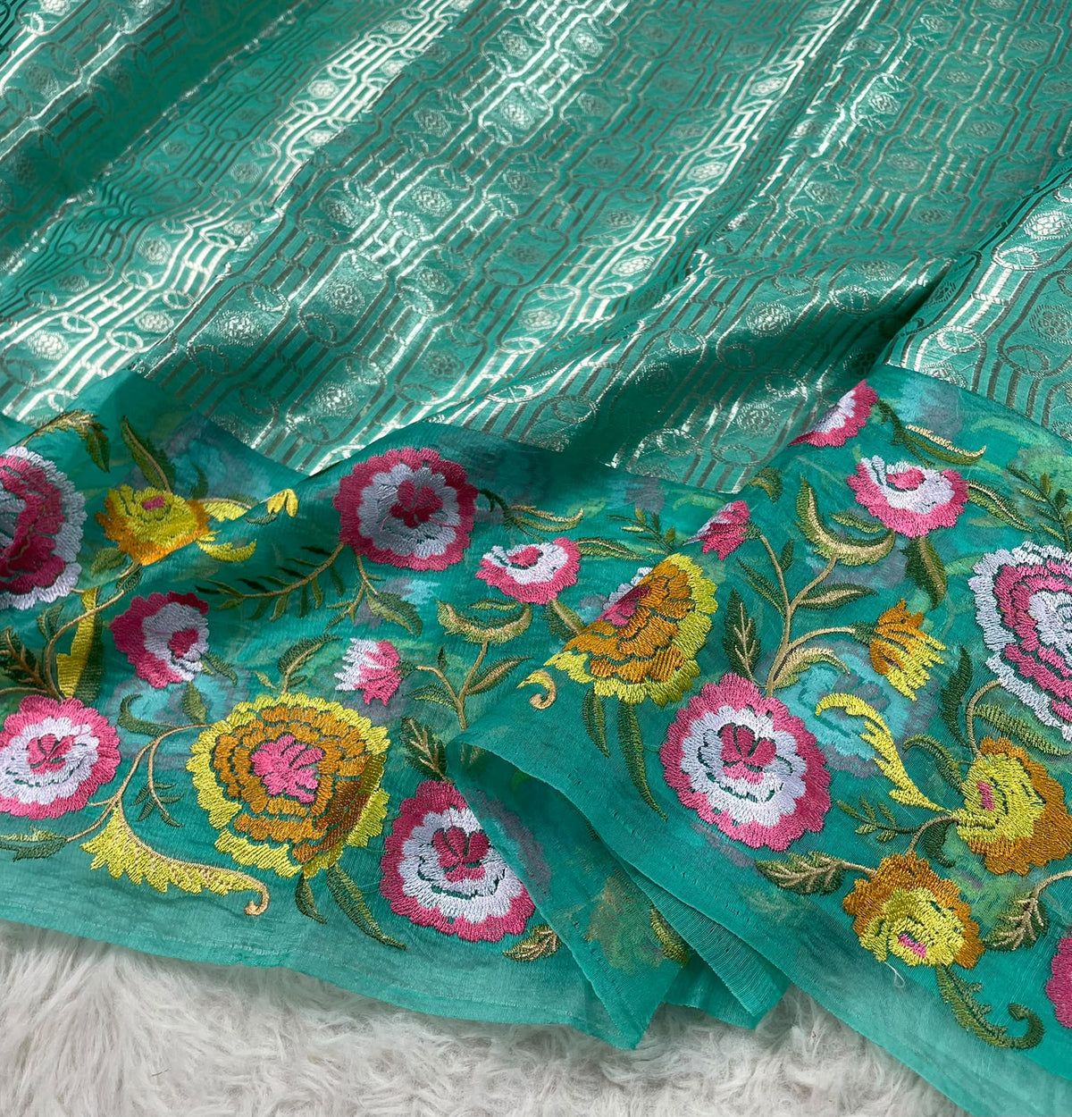 Kora Brocade Petit Point Embroidery Saree