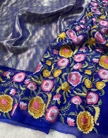 Kora Brocade Petit Point Embroidery Saree