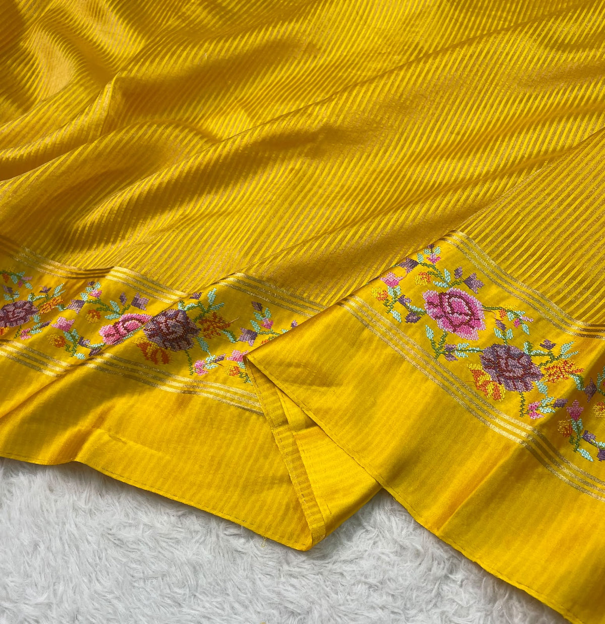 Pure Tissue Stripe Petit Point Embroidery Saree With Satin Mashru Border