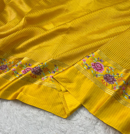 Pure Tissue Stripe Petit Point Embroidery Saree With Satin Mashru Border