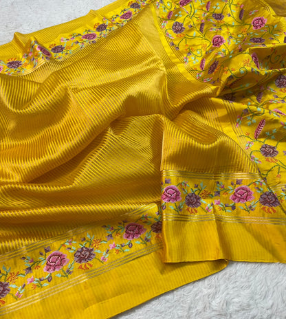 Pure Tissue Stripe Petit Point Embroidery Saree With Satin Mashru Border