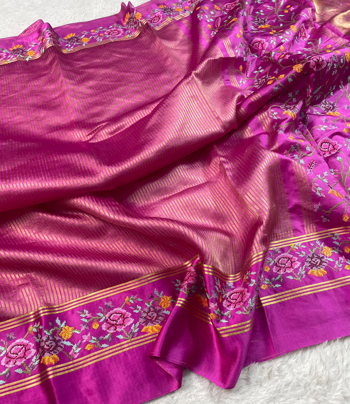 Pure Tissue Stripe Petit Point Embroidery Saree With Satin Mashru Border