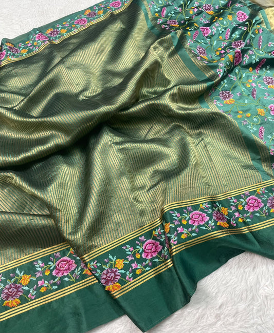 Pure Tissue Stripe Petit Point Embroidery Saree With Satin Mashru Border