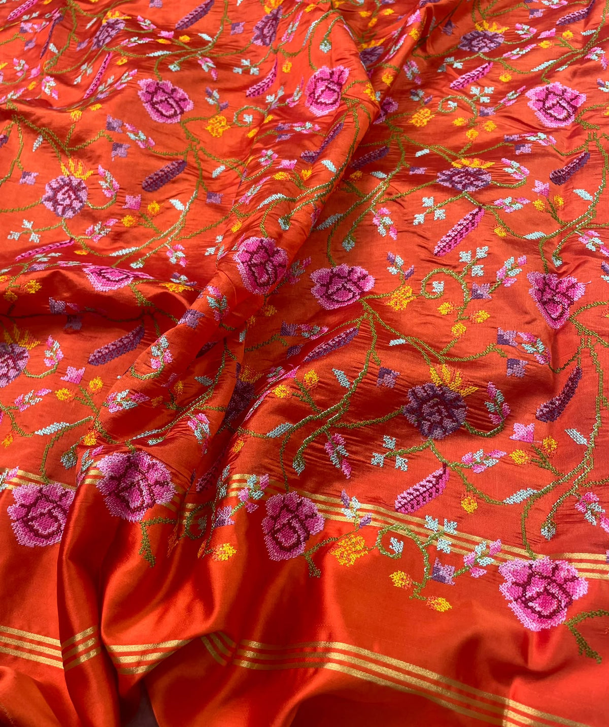 Pure Tissue Stripe Petit Point Embroidery Saree With Satin Mashru Border