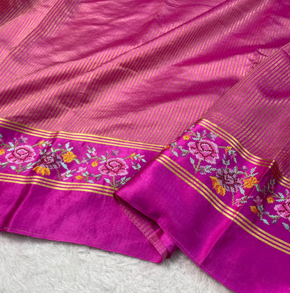 Pure Tissue Stripe Petit Point Embroidery Saree With Satin Mashru Border