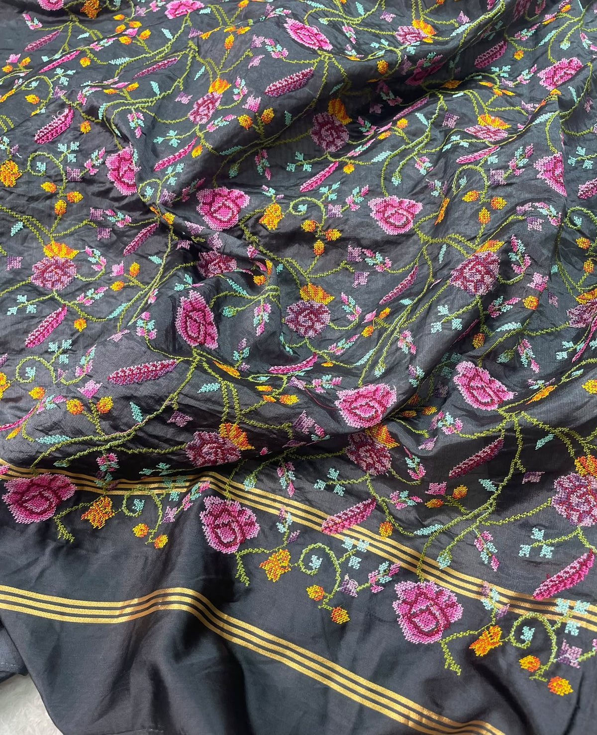 Pure Tissue Stripe Petit Point Embroidery Saree With Satin Mashru Border