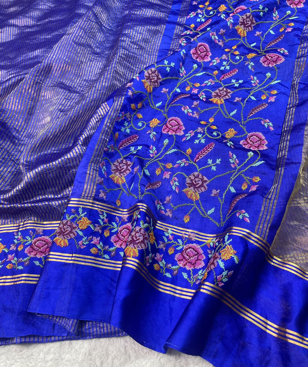 Pure Tissue Stripe Petit Point Embroidery Saree With Satin Mashru Border