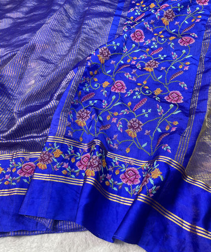 Pure Tissue Stripe Petit Point Embroidery Saree With Satin Mashru Border