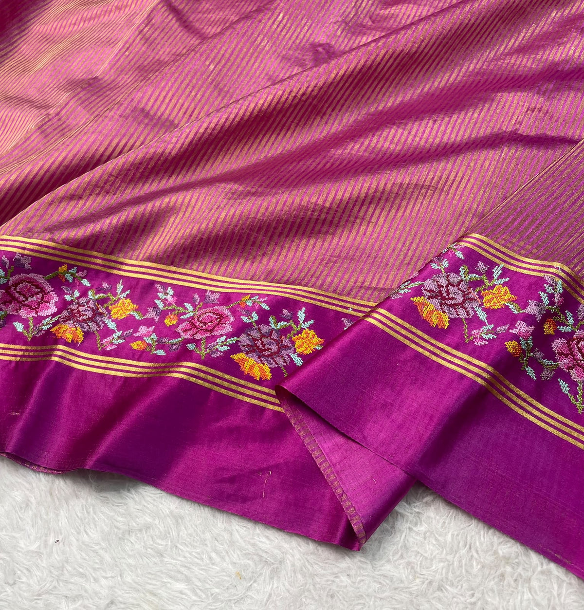 Pure Tissue Stripe Petit Point Embroidery Saree With Satin Mashru Border
