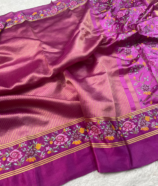 Pure Tissue Stripe Petit Point Embroidery Saree With Satin Mashru Border