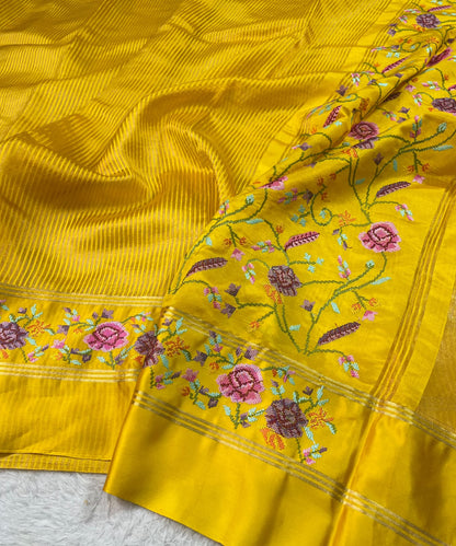 Pure Tissue Stripe Petit Point Embroidery Saree With Satin Mashru Border