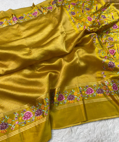 Pure Tissue Stripe Petit Point Embroidery Saree With Satin Mashru Border