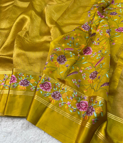 Pure Tissue Stripe Petit Point Embroidery Saree With Satin Mashru Border