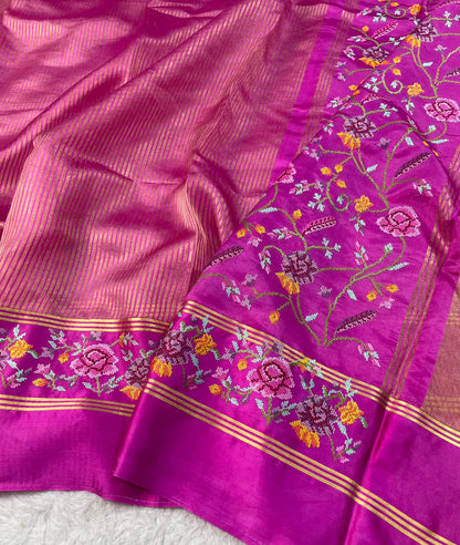 Pure Tissue Stripe Petit Point Embroidery Saree With Satin Mashru Border