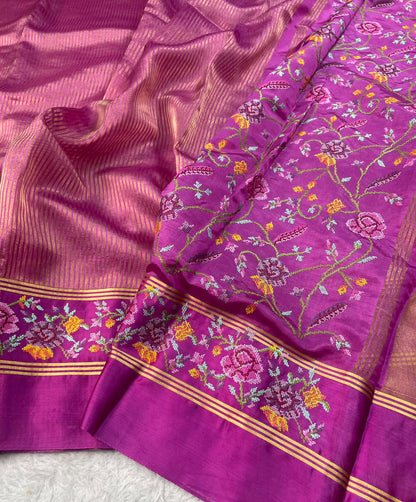 Pure Tissue Stripe Petit Point Embroidery Saree With Satin Mashru Border